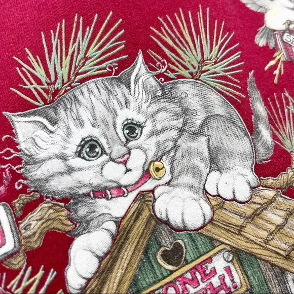 Vintage Cat Sweatshirt size Large Birds Nature Red Pullover - Picture 10 of 10